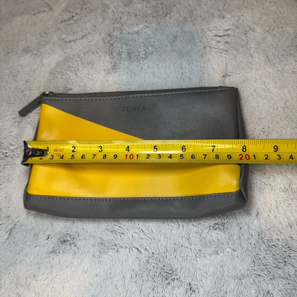 FURLA Eva Air Cosmetic Bag Zippered Gray and Yellow Faux Leather Bag EUC